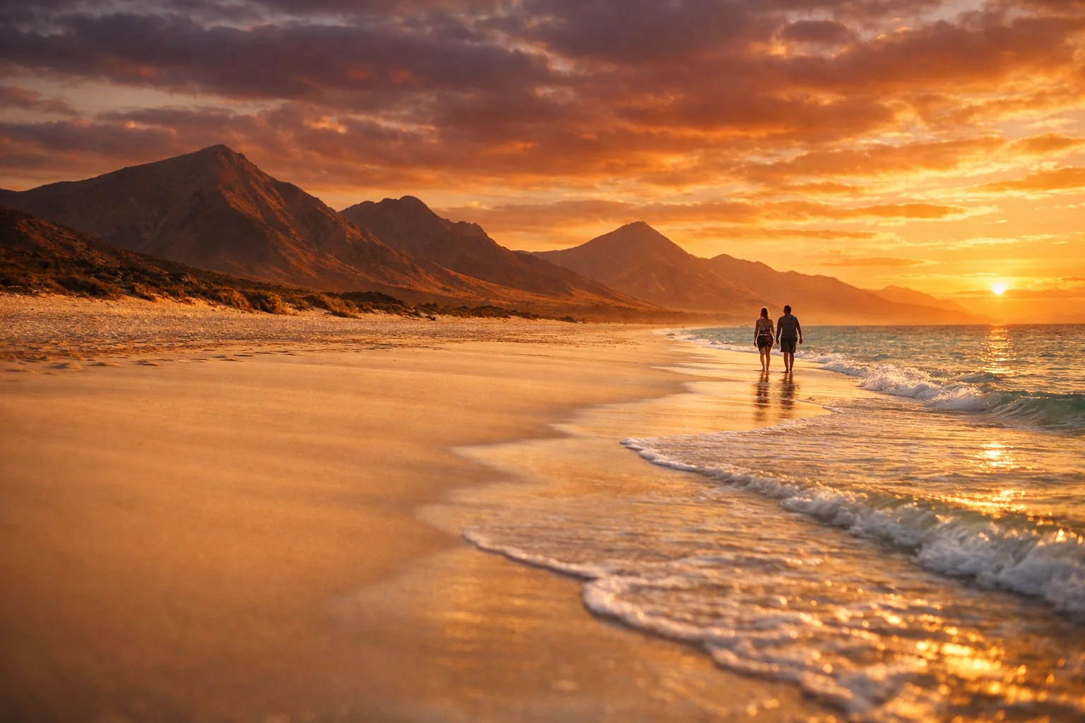 Goldener Sonnenuntergang am Strand der Kanarischen Inseln mit einem Paar das am Wasser entlangläuft